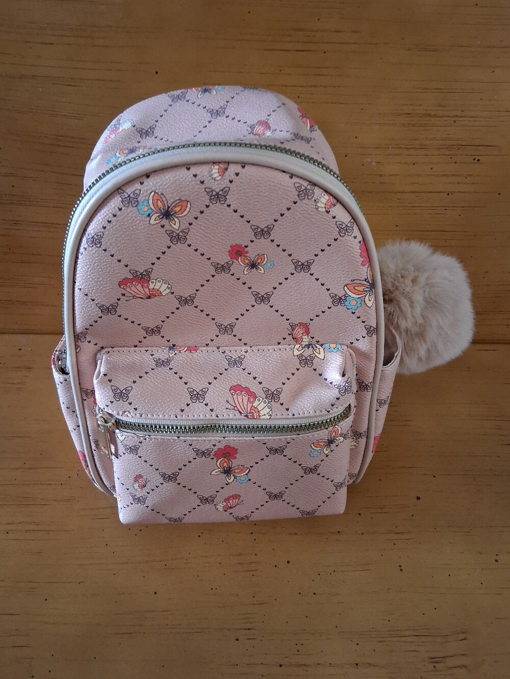 Dreamers Pink Butterfly Mini Backpack with Beige Faux Fur Pom